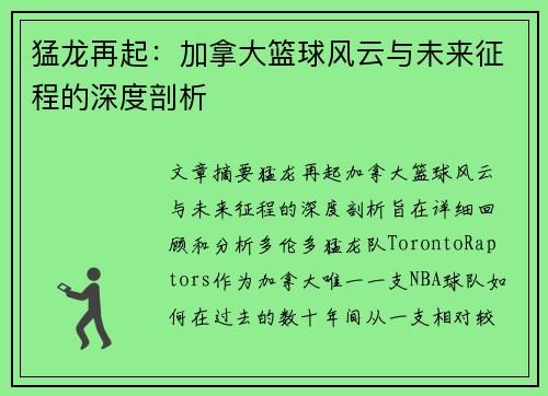 猛龙再起：加拿大篮球风云与未来征程的深度剖析