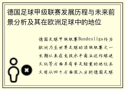 德国足球甲级联赛发展历程与未来前景分析及其在欧洲足球中的地位