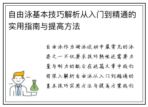 自由泳基本技巧解析从入门到精通的实用指南与提高方法
