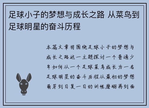 足球小子的梦想与成长之路 从菜鸟到足球明星的奋斗历程