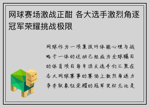 网球赛场激战正酣 各大选手激烈角逐冠军荣耀挑战极限