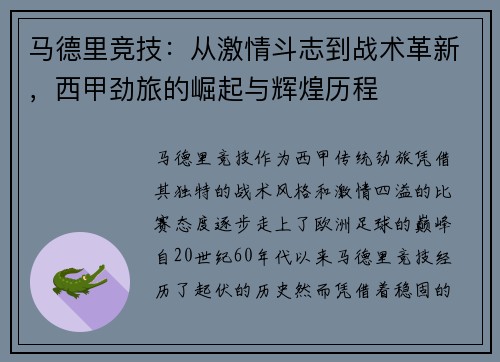 马德里竞技：从激情斗志到战术革新，西甲劲旅的崛起与辉煌历程
