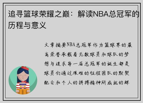追寻篮球荣耀之巅：解读NBA总冠军的历程与意义